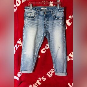 Moussy Vintage Fitted Straight Cuffed Light Blue Wash Distressed Denim Size 29